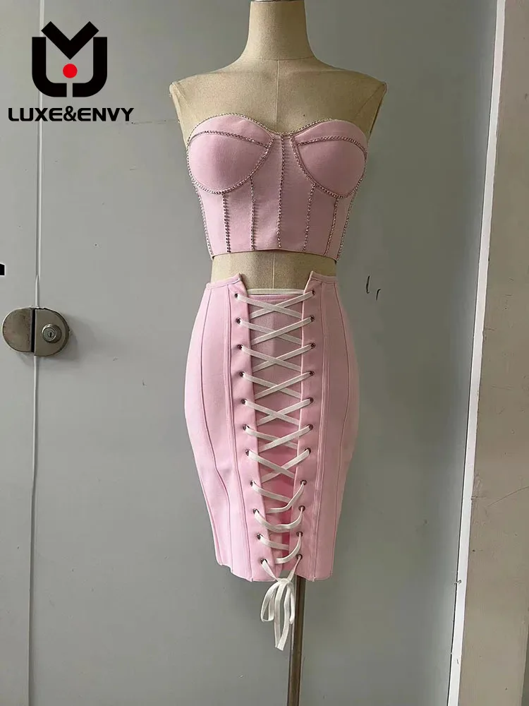 

LUXE&ENVY Sexy Bra Two Piece Set With Diamond Wearing Rope Wrap Hip Spicy Girl Banquet Bandage Dress 2023 Autumn