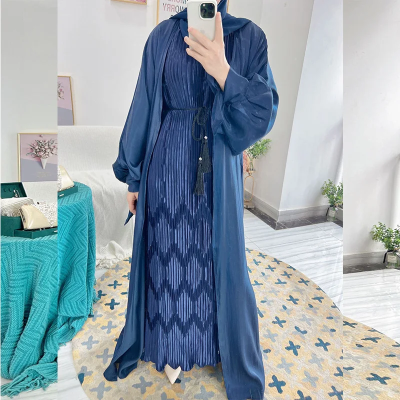 Muslim Dress Women Bubble Sleeve Cardigan 2022 Summer Colorful Elegant Long Drerss Oppen Abaya Jalabiya for Women