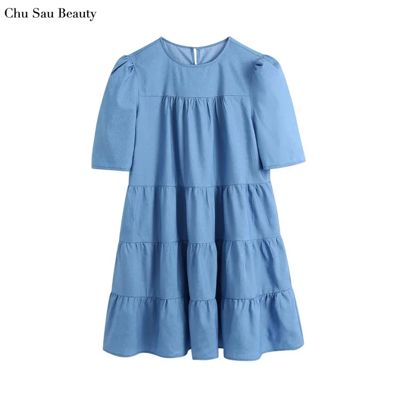 

Женское платье с коротким рукавом, простое свободное платье с круглым вырезом, плиссированное пляжное платье в стиле ретро для отпуска с об...