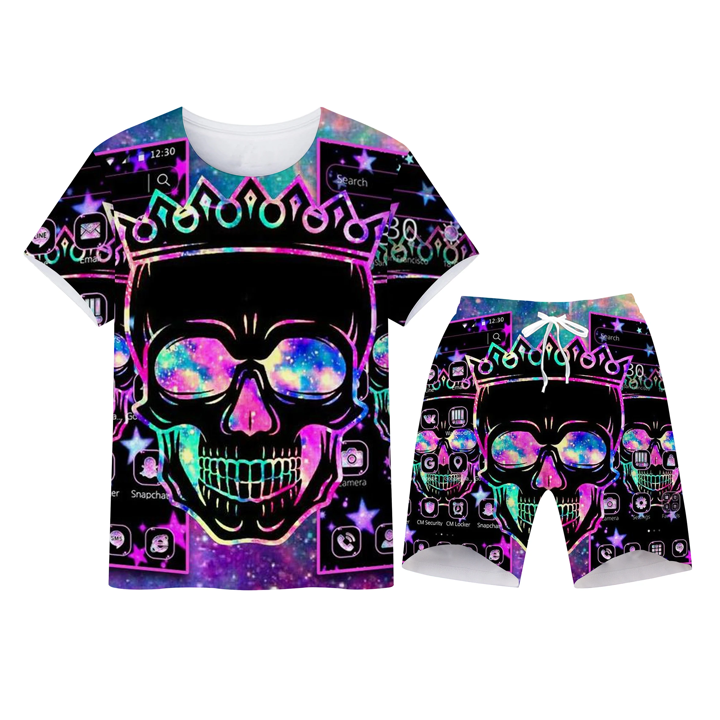 

2022 Men's Suit Short Sleeve T-Shirt Two Piece Sportswear Summer Shorts Fashionable Breathable 3D Skull Print Sports Menswear