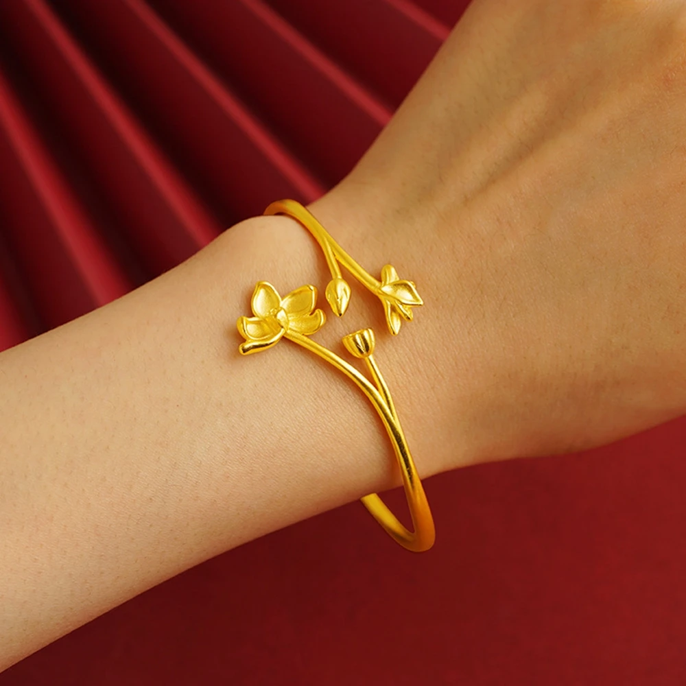 

Элегантный Цветочный браслет, манжета, жёлтое золото 18 карат, однотонная женская бижутерия, красивый подарок