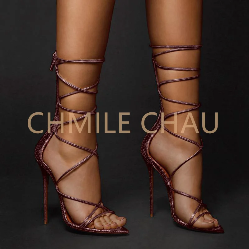 

CHMILE CHAU Women Stiletto High Heel Lace-up Rome Sandals Sexy Pointed Toe Evening Party Shoes Fashion Gladiator Sandal 7-C-SL-1