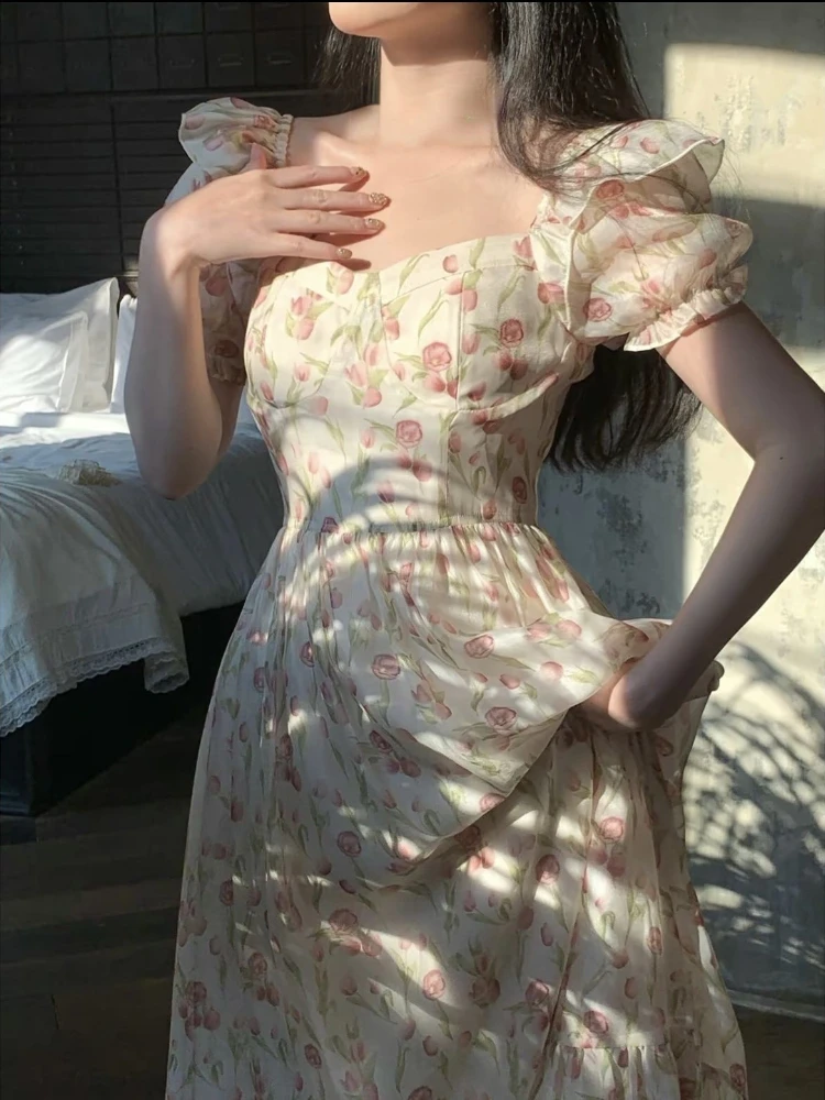 Летнее элегантное платье с цветочным принтом женское французское винтажное