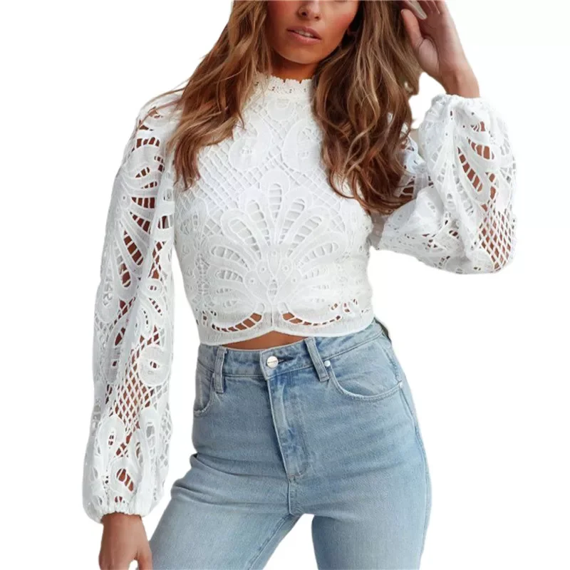 

Women Elegant Lace Blouse Long Sleeve Lace Tops Casual Embroidery Crochet Hollow Out Turtleneck Blouse Office Lady Shirts
