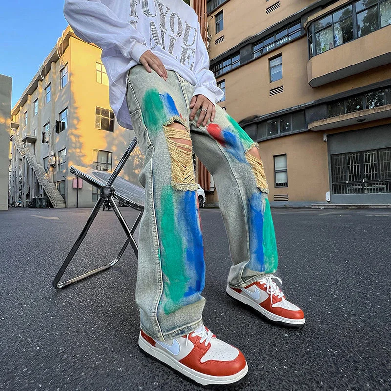 Ripped Graffiti Jeans Men Fashion Casual Straight Baggy Jeans Men Streetwear Hip Hop Loose Hole Denim Pants Mens Trousers M-5XL