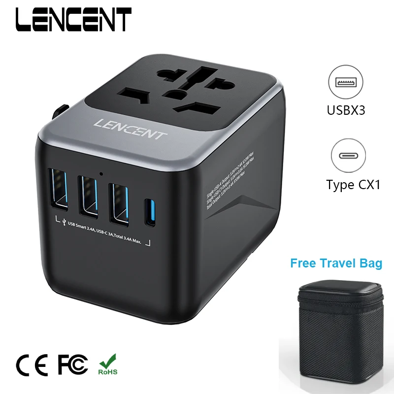 Универсальный дорожный адаптер LENCENT, Международная зарядка с 3 портами USB, 1Type-C PD, зарядный адаптер для мобильных телефонов, ноутбуков