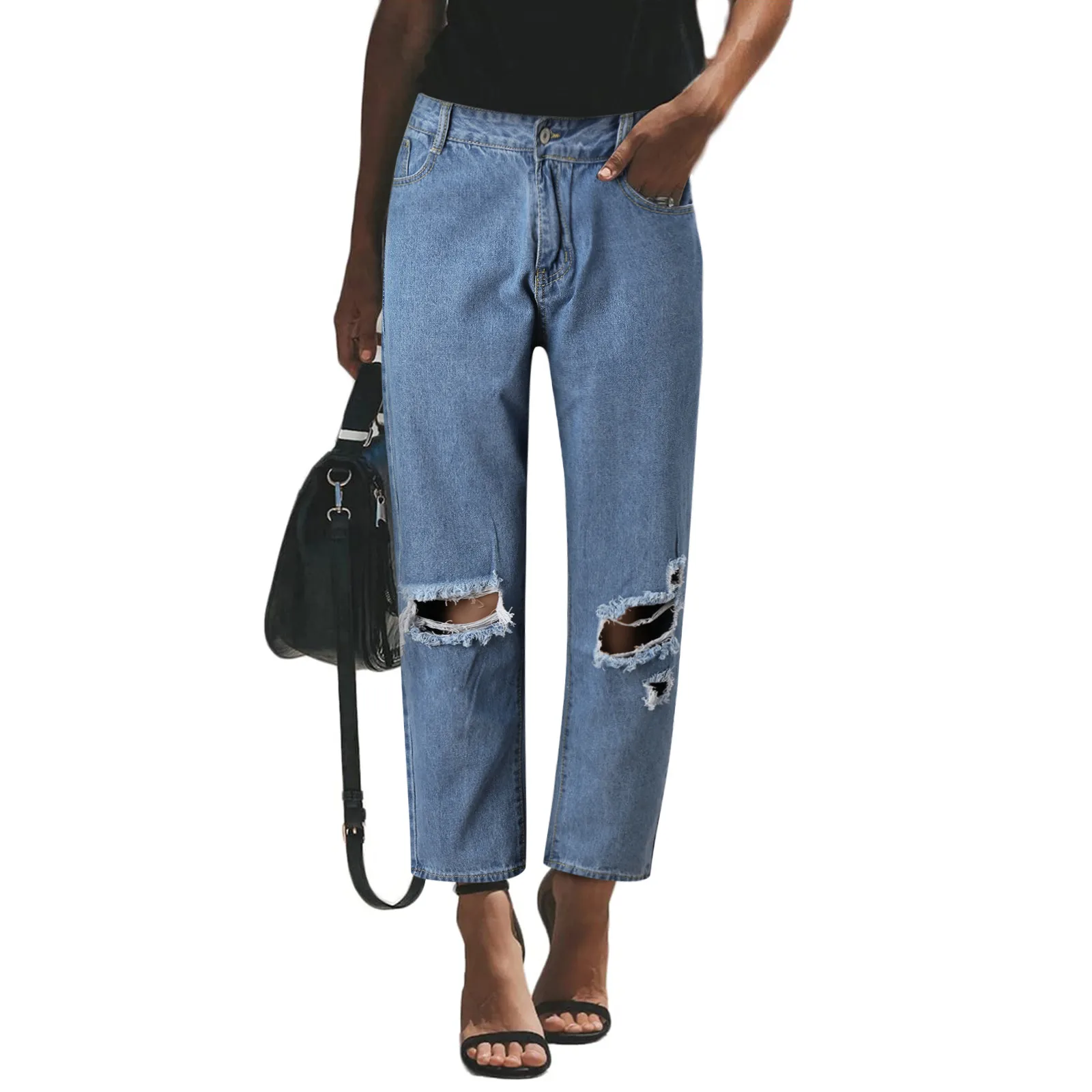 

Новые женские джинсы с завышенной талией для женщин, Прямые рваные джинсы с эффектом потертости, облегающие узкие Стрейчевые джинсы с эффек...