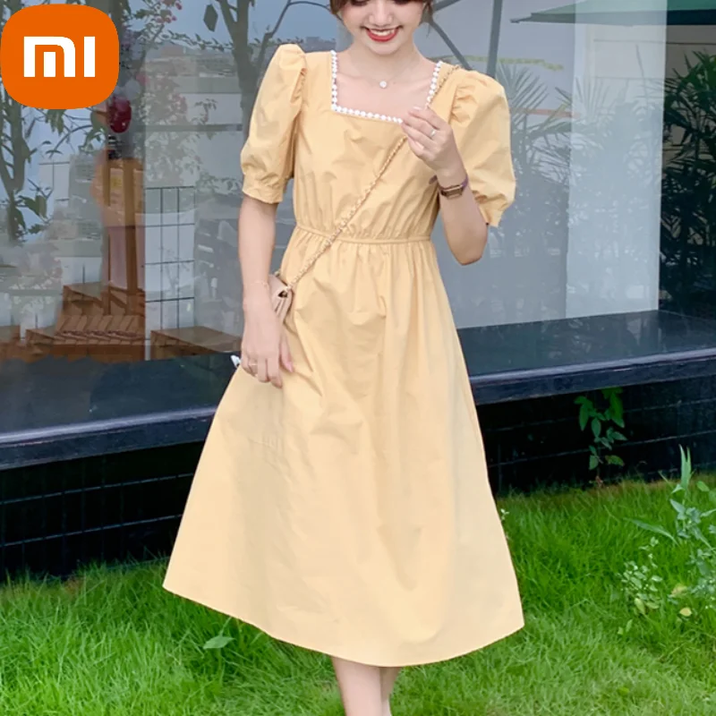

XIAOMI Yellow Kawaii Sweet Dress Women Summer Puff Sleeve Design Slim Elegant Dress High Waist Holiday Midi Casual Dress