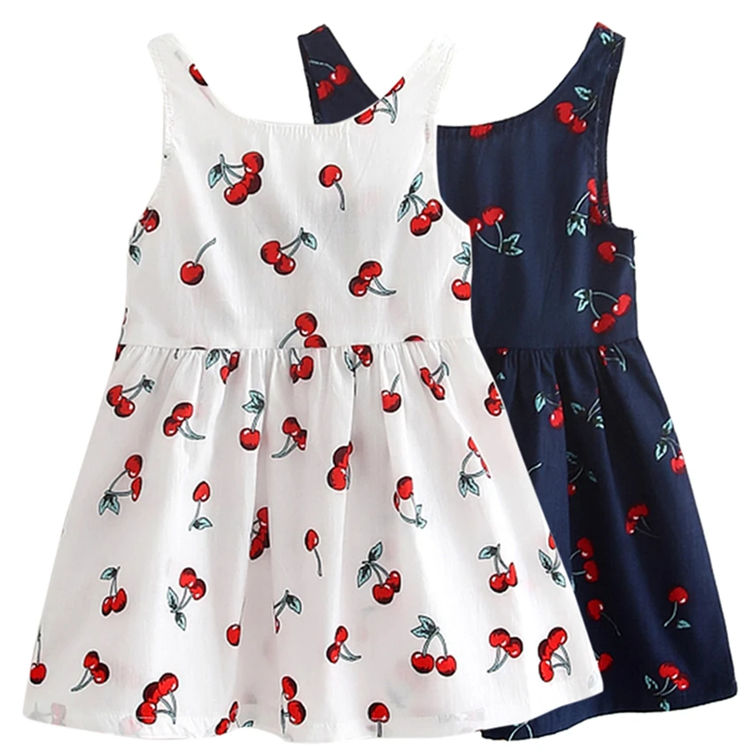 

2022 Girls Summer Dresses Cotton O-neck Short Sleeeve Cherry Print Bow Decor Backless A-line Princess Cute Dresses Child Clothes