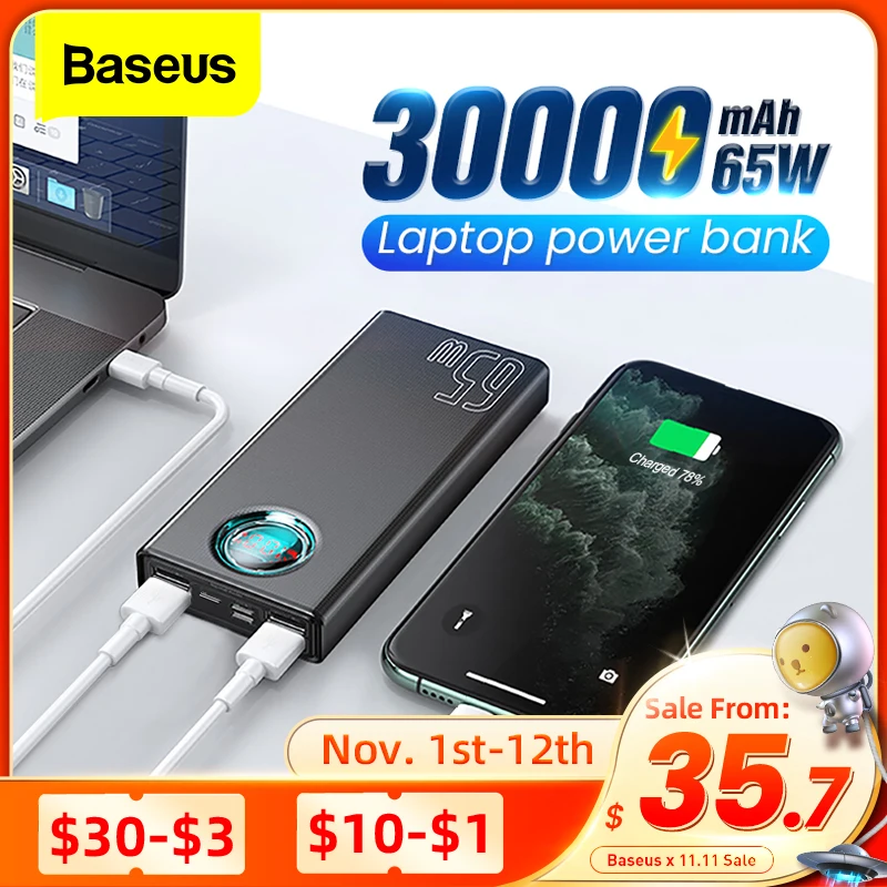 Ceny Baseus 65W Power Bank 30000mAh USB C PD Szybkie ładowanie 30000 Powerbank Przenośna Zewnętrzna ładowarka Do IPhone Xiaomi Laptop