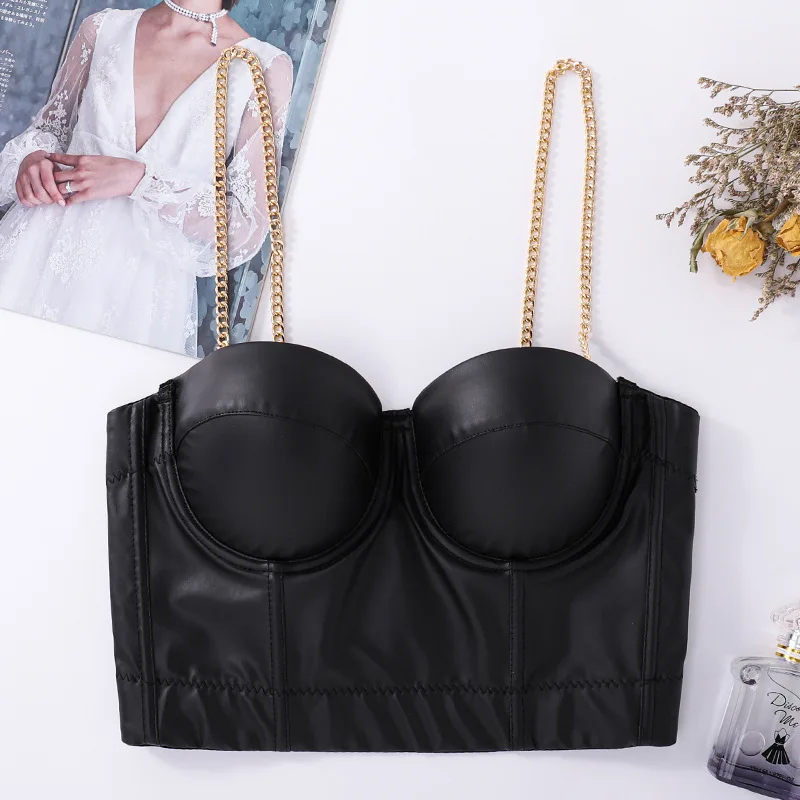 

Women PU Leather Vest Black Solid Sleeveless Spaghetti Chain Strap Crop Tops Backless Camisole for Summer Skinny Clubwear