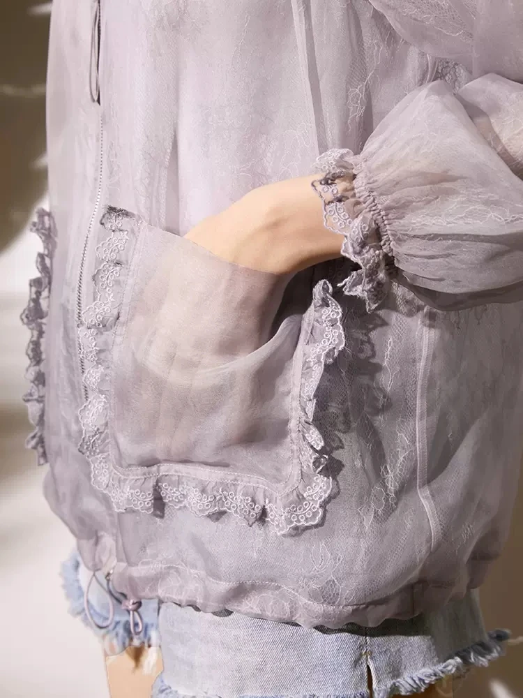 Женская Солнцезащитная рубашка BirdTree из 100% натурального шелка кружевная вышивка