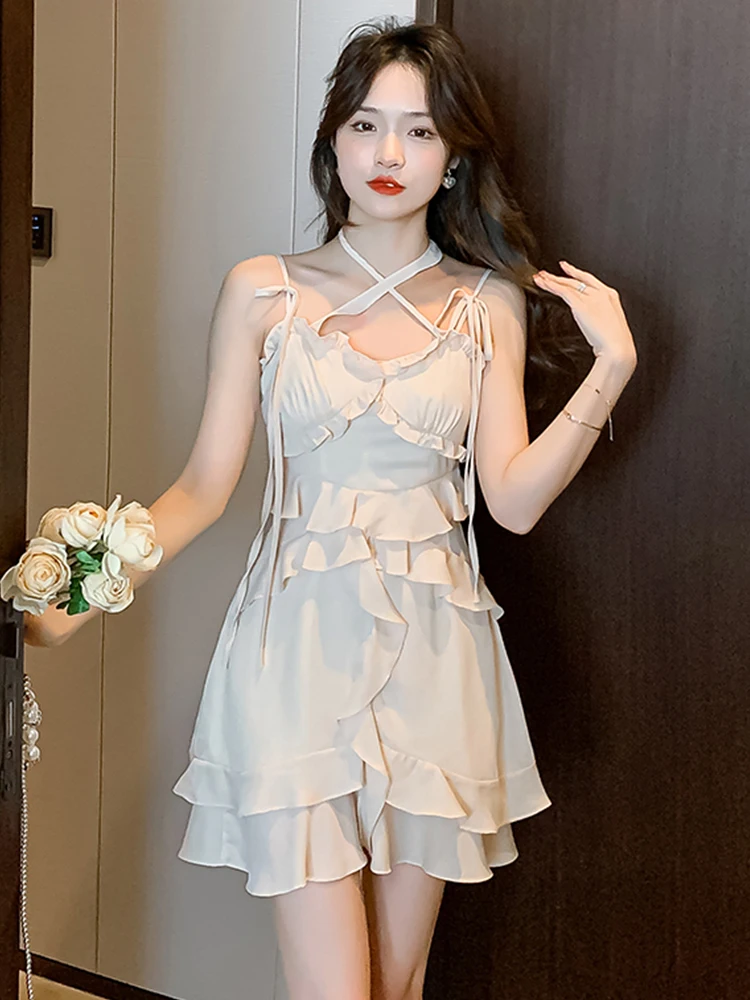 

Шифоновое элегантное женское вечернее платье Y2K, Повседневное платье с оборками, на бретельках, Бандажное женское платье для пляжа