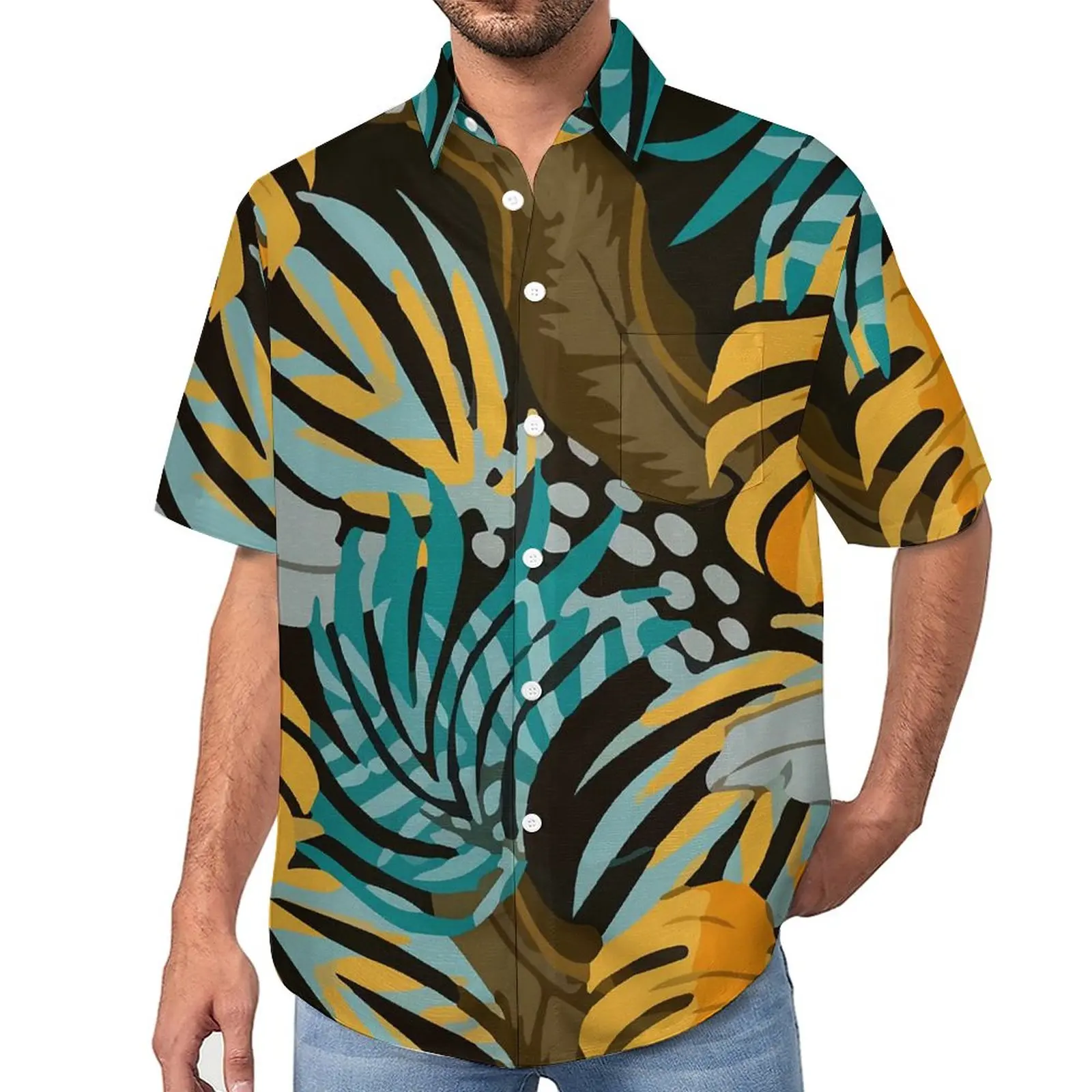 

Plants Vacation Shirt Yellow Blue Leaves Hawaiian Casual Shirts Male Streetwear Blouses Short Sleeve Graphic Clothing Plus Size