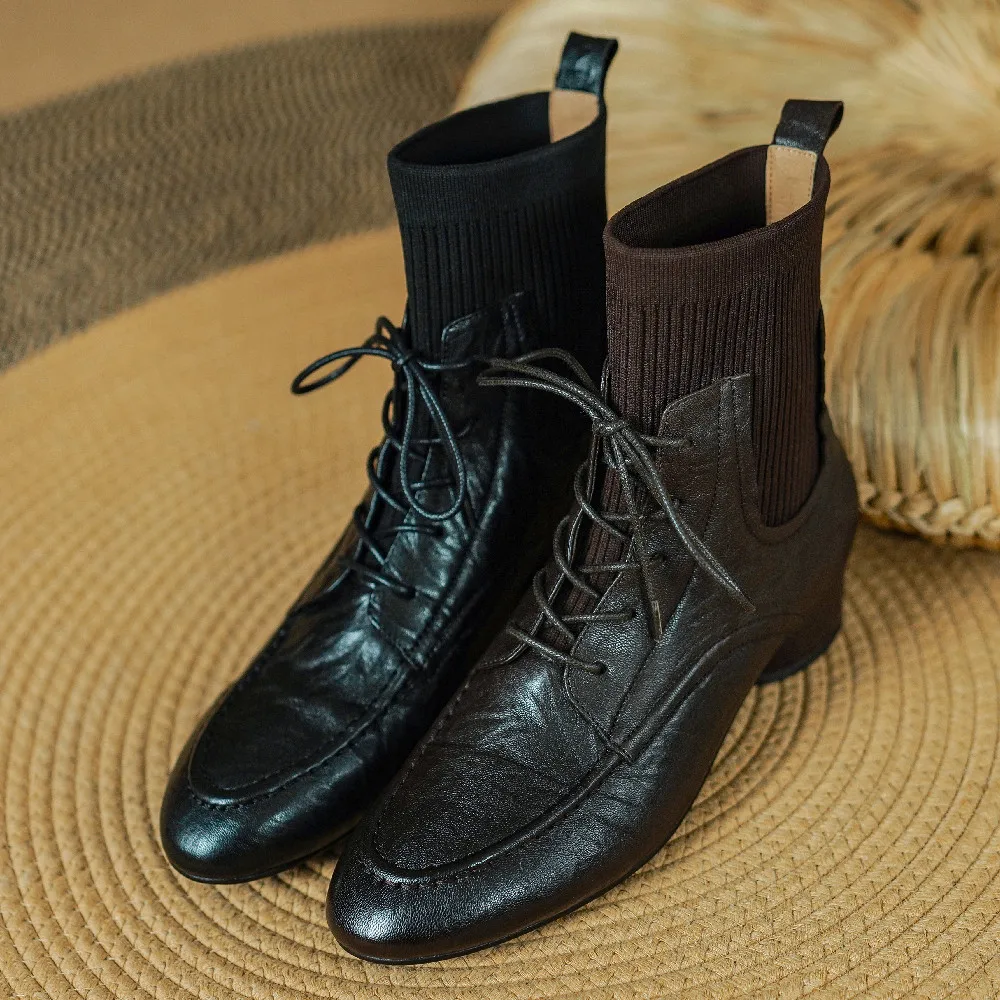 Женские осенние ботильоны из натуральной кожи с эластичной вязкой в стиле
