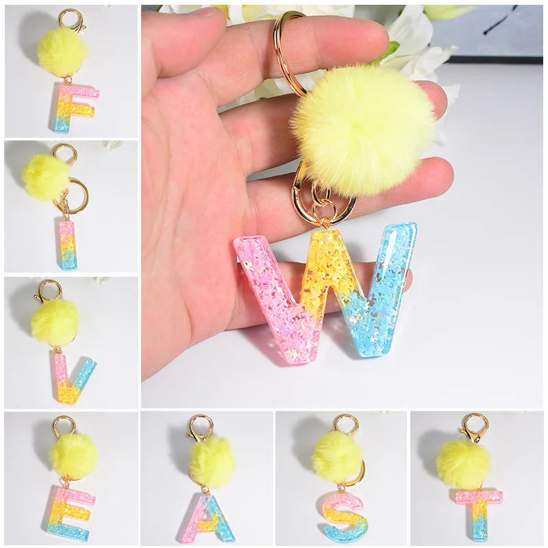 

26 Initials Letter Key Pendant With Yellow Fluffy Pompom Fashion Girls Handbag Glitter Gradient Resin Alphabet Keychain Charms