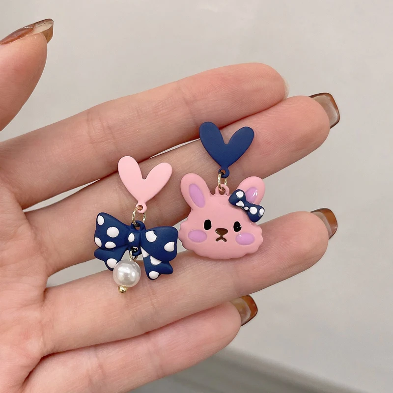 

S925 needle Cute Jewelry Little Rabbit Bowknot Heart Earrings Pretty Design Coating Asymmetrical Drop Earrings For Women Gifts
