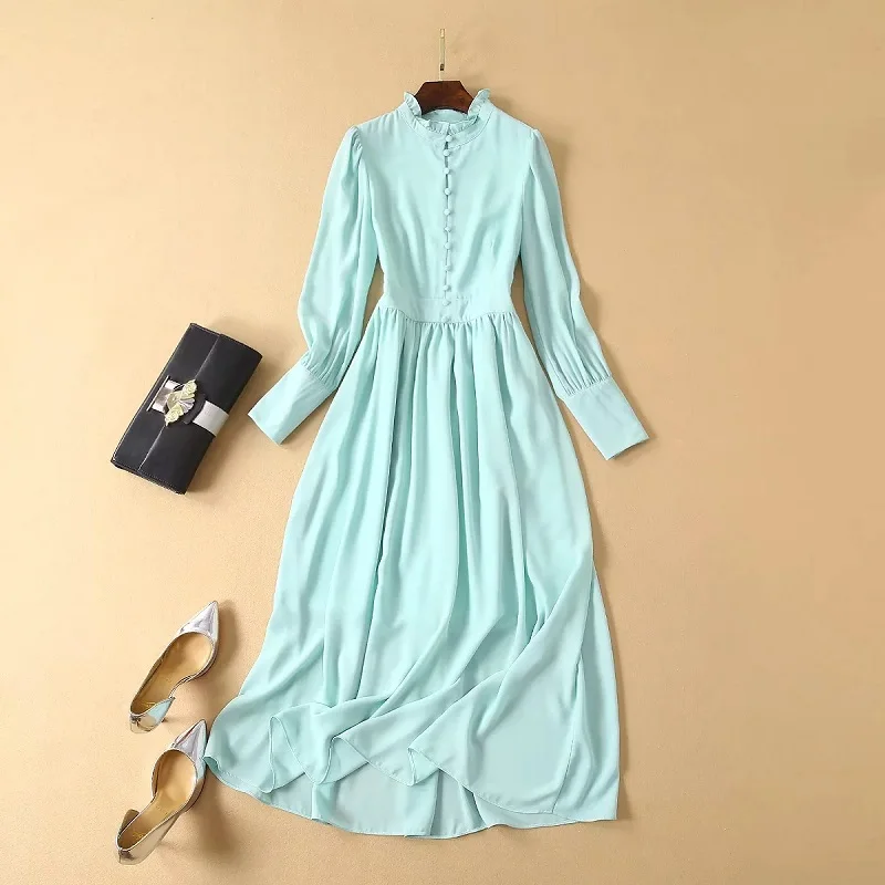 High Quality Chiffon Dress 2022 Autumn Women Ruffle Collar Tunic Button Deco Long Sleeve Casual Green Maxi Dress Clothing