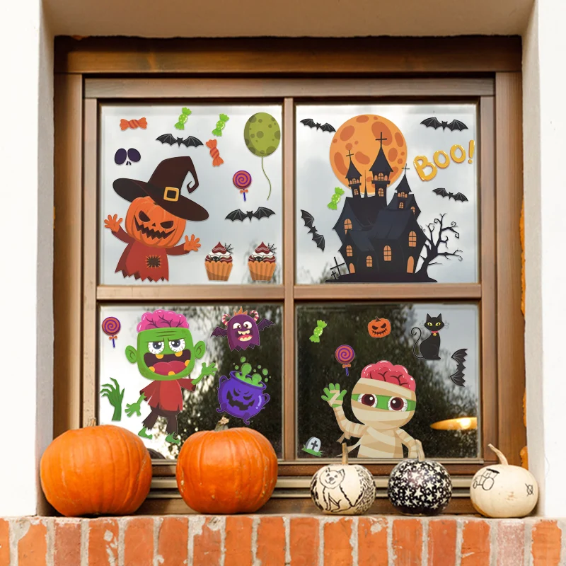 Симпатичные Мультяшные наклейки на окна Хэллоуин ведьма летучая мышь Тыква