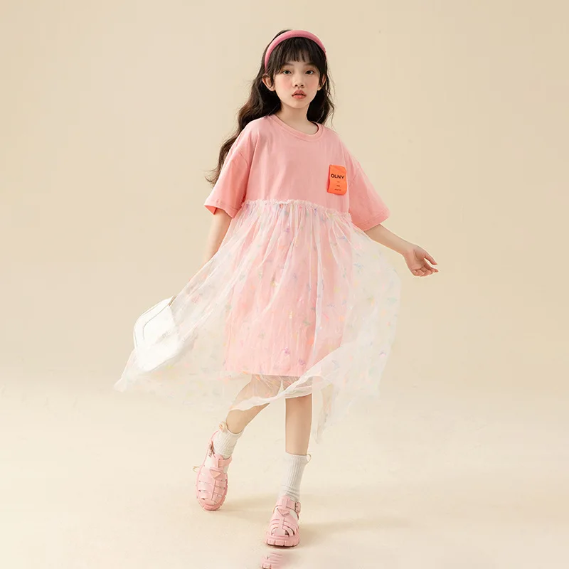 

Little Girl's Dresses Summer Children's Clothing Girls 8 10 years Sweet Pink Mesh T Shirt Dress