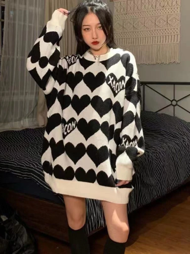 

Женский свободный свитер с принтом сердечек, Повседневный пуловер составного кроя в стиле Харадзюку, корейский стиль, 2022