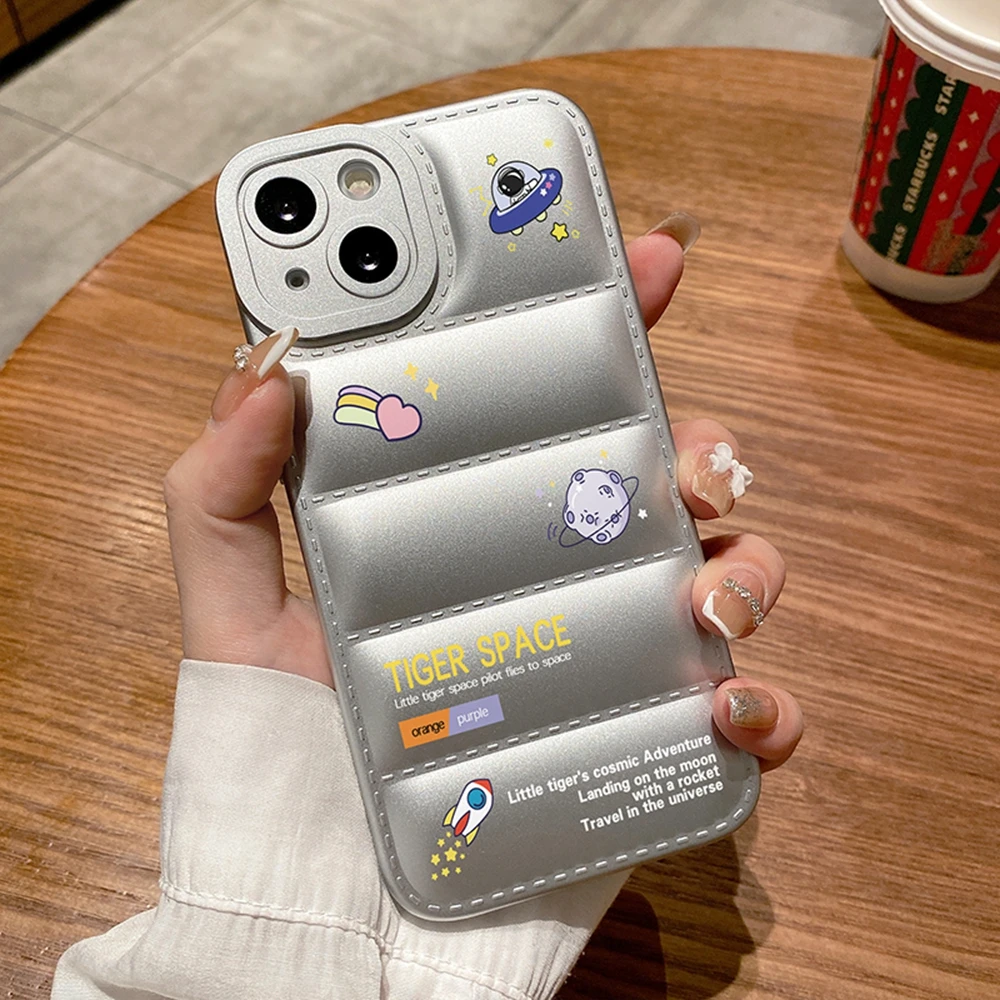 

Down Jacket Spaceship Case For iPhone 13 12 11 Pro Max X XS XR 7 8 Plus Fashion Brand Winter Soft Silicone Shockproof Back Cover