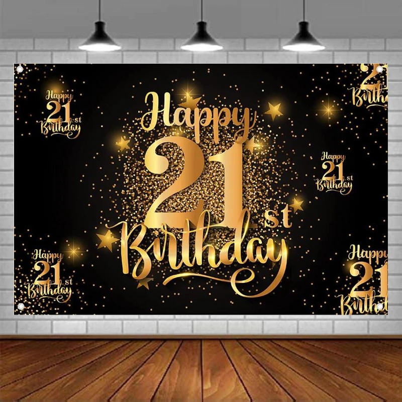 

Photography Backdrop Happy 21 Years Old 21st Birthday Background Banner Decor Black Gold For Women Men Her Him Party Glitter