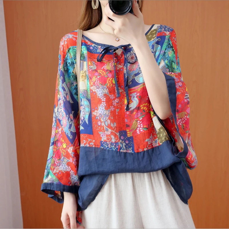 

Summer Loose V-neck Lace Up Top Fashion Printed Bat Sleeve Shirt Women