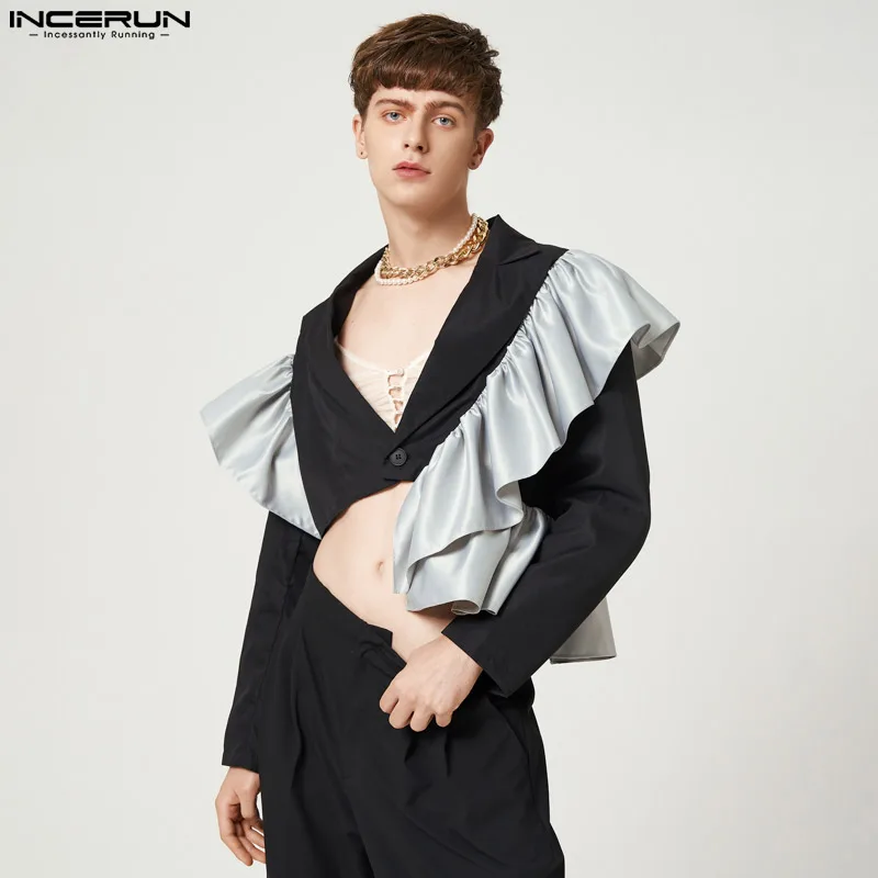 

INCERUN Tops 2023 American Style Men's Ruffle Contrast Color Patchwork Short Blazer Casual Party Shows Sexy Male Suit Coat S-5XL