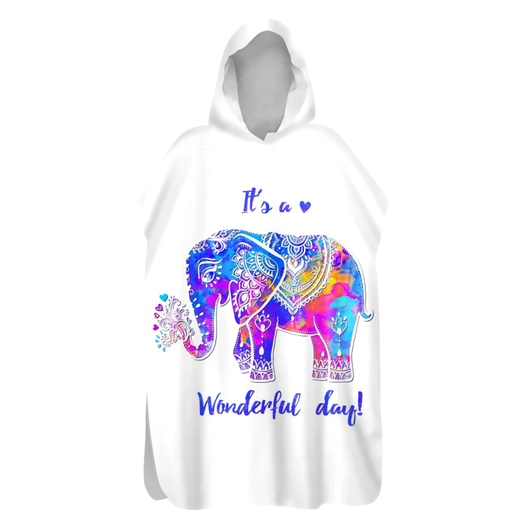 

Watercolor Ethnic Elephant Sand Free Hooded Poncho Towel Spa Surfing Swim Beach Changing Robe Buttons Closure Holiday Gift