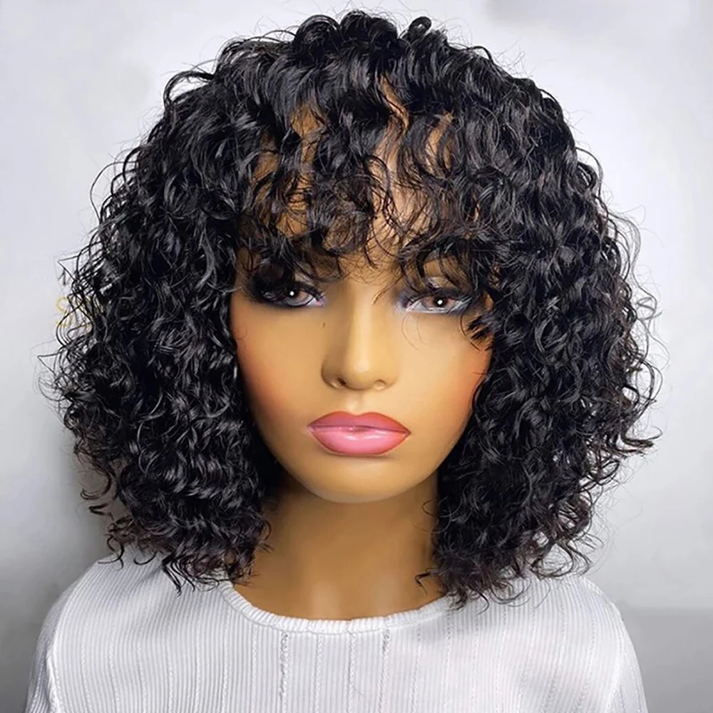 

Short Bob Wig Jerry Curly Wigs With Bangs Fringe Wig Human Hair 200 Density Full Machine Wig For Women Remy Human Hair Cheap Wig