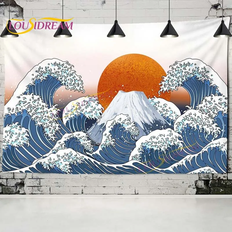 Japanese-style Cartoon Ukiyo Printed Hanging Tapestry Samurai Pattern Black Cat Wall Kanagawa Waves |