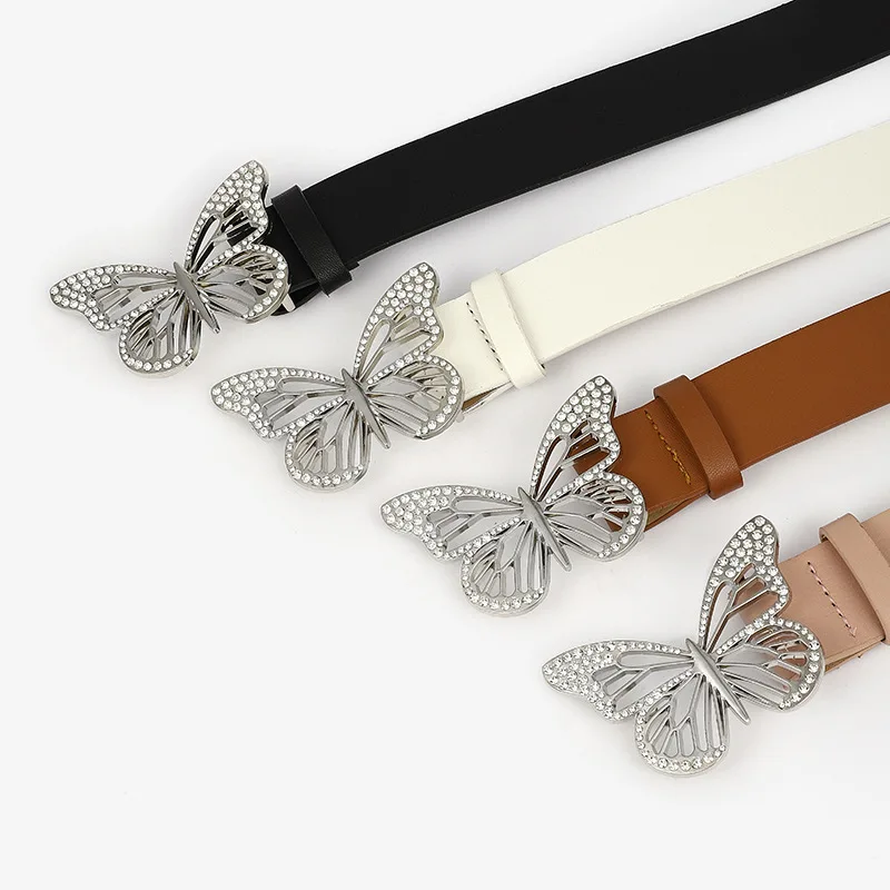 Butterfly Buckle Belt Women Fashion Metal Pin Buckle PU Leather Solid Plain Ladies Belts Decoration Waistband