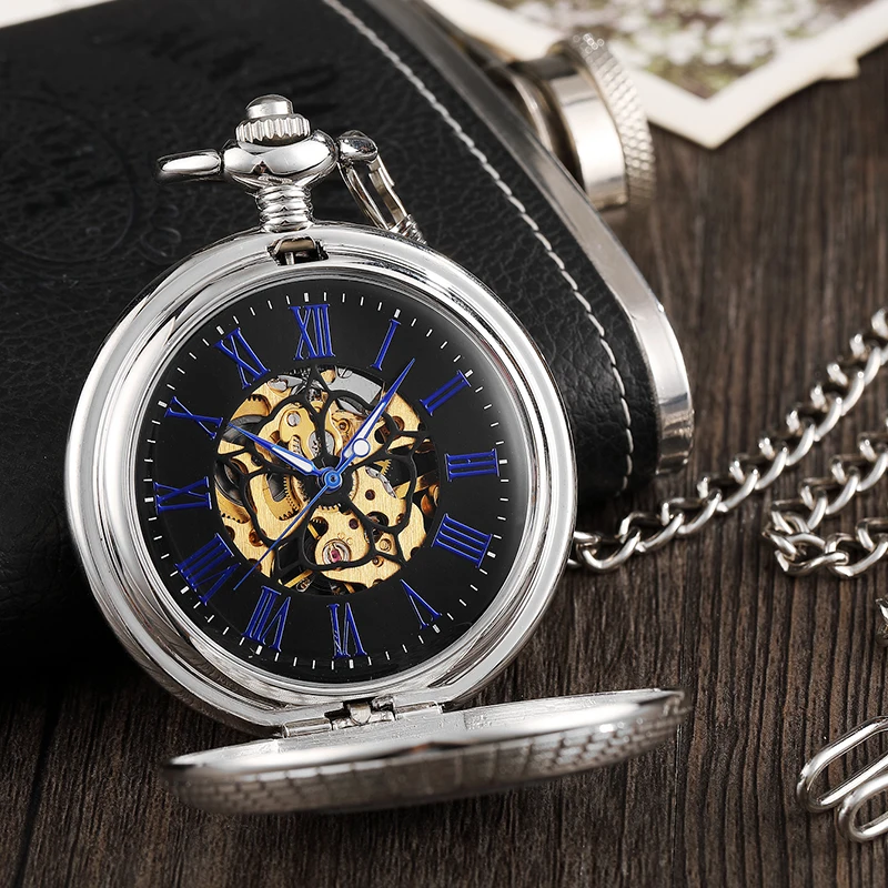 Fashion Mechanical Pocket Watch Skeleton Blue Star Design Front Case Hollow Flower Roman Numeral Dial with FOB Chain Gift PM098