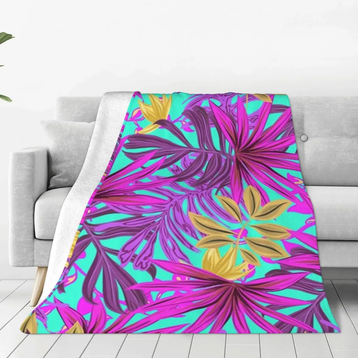 

Neon Leaves Print Soft Warm Blanket Lush Tropical Camping Throw Blanket Autumn Novelty Custom Flannel Bedspread Sofa Bed Cover
