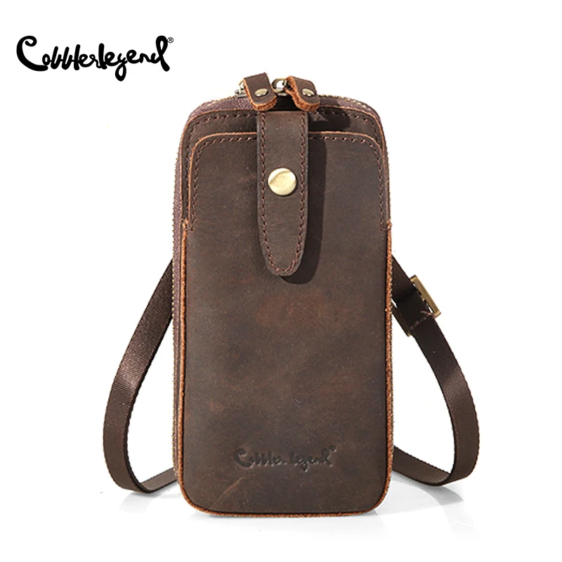 Men Leather Waist Pack Crazy Horse Leather Phone Pouch Bags Brown Male Small Belt Bag Multifunction Shoulder Chest Bags