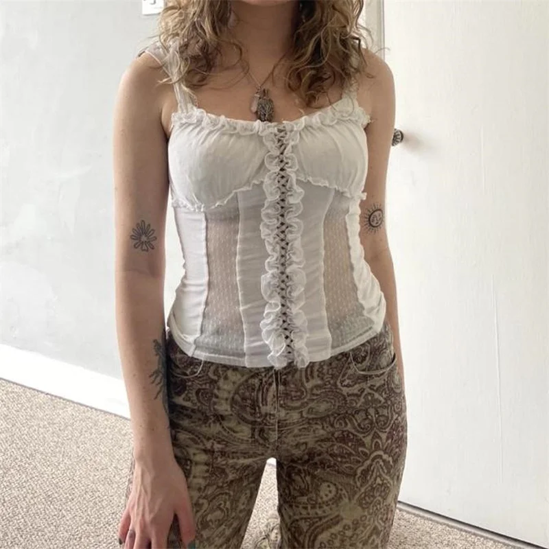 

Hirigin Fairycore Camis летние женские майки с оборками на подоле Короткие топы в эстетике гранж винтажные бретельки Y2K мини-Майки Топы 2022