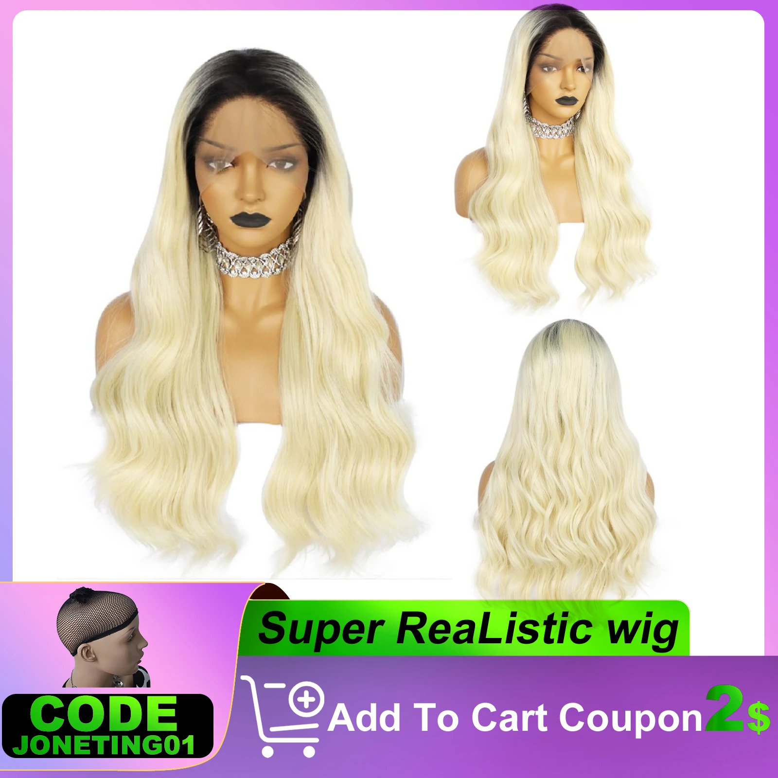 JONETING 28inch 13x4 Lace Front Wig Long Ombre Blonde Wavy Free Part Heat Resistant Fiber Hair Synthetic Wig for Black Women