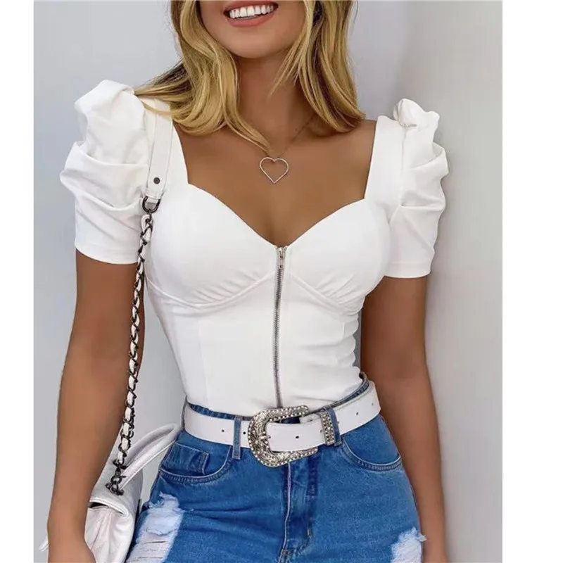 

Short Puff Sleeve T-shirts Tops Cropped 2021 New Fashion Women V-neck Low Cut Front Zipper Up Push Up T-shirt Elegant