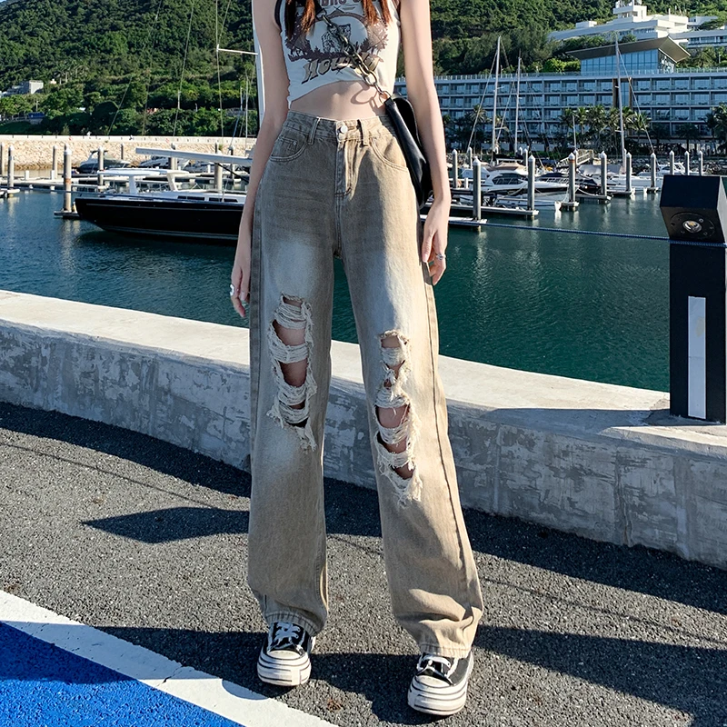 

Retro Ripped Jeans Women's Summer New Casual Fashion Frayed Vintage Washed Street Female Straight Baggy Denim Trousers