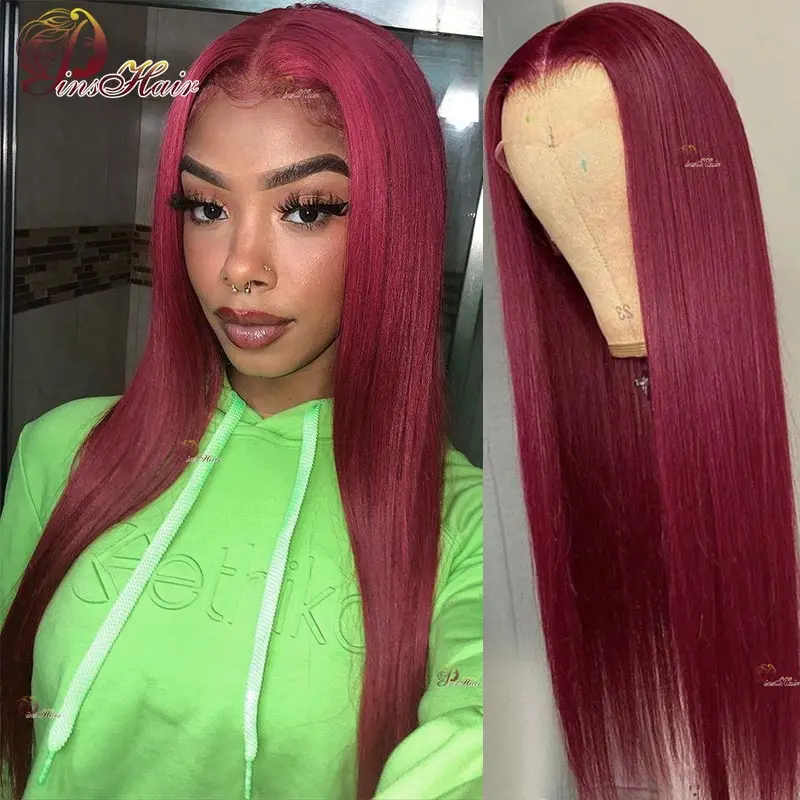 13x4 99J Colored Transparent Lace Front Wig Human Hair Straight Lace Frontal Wig For Women Red Burgundy Human Hair Wig Remy Hair