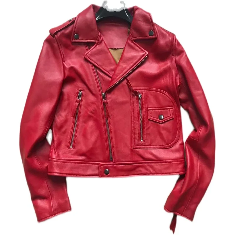 Spring Autumn Women Genuine Leather Jacket Ladies Red Solid Zipper Biker Coat Sheepskin Female Casual Outwear