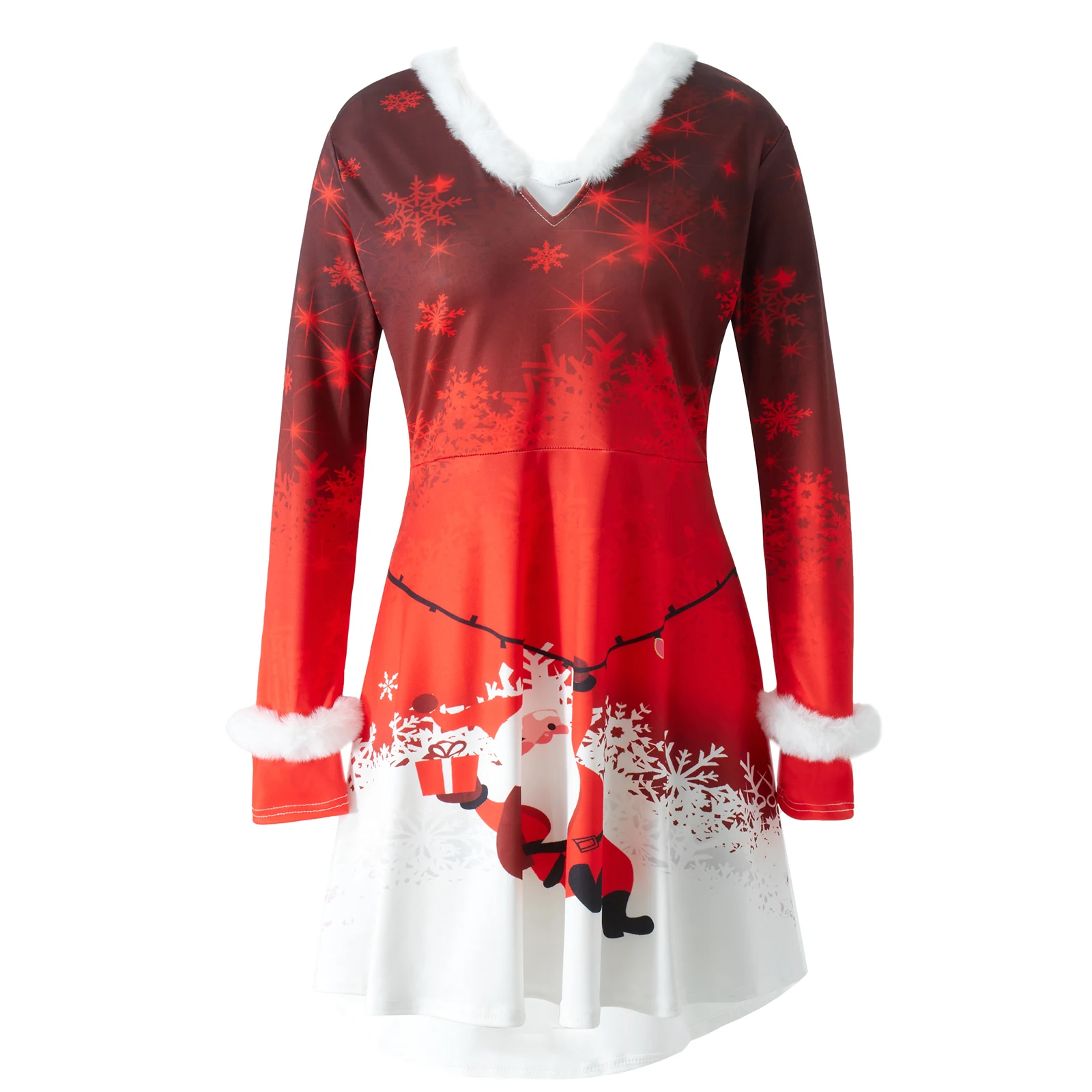 

Women Christmas Midi Dress Faux Plush Splicing V-Neck Santa Elk Christmas Tree Snowflake Print Party Irregular Dress 11 Colors