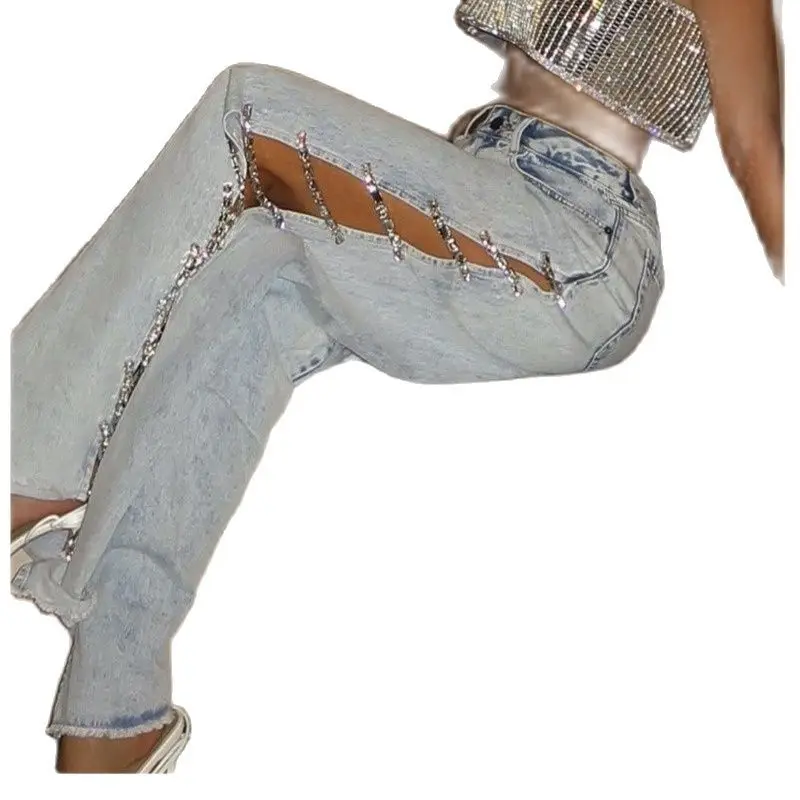 

Модная и классическая женская одежда, элегантные свободные облегающие пряные джинсовые брюки с высокой талией и боковыми вырезами