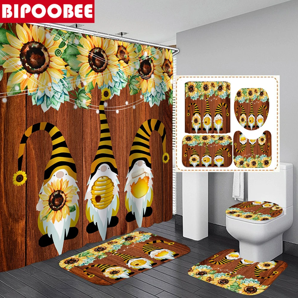 

Sunflowers Bathroom Decoration 3D Dwarf Shower Curtains Set Bath Mats Rugs Waterproof Fabric Bathtub Curtain Toilet Cover Carpet