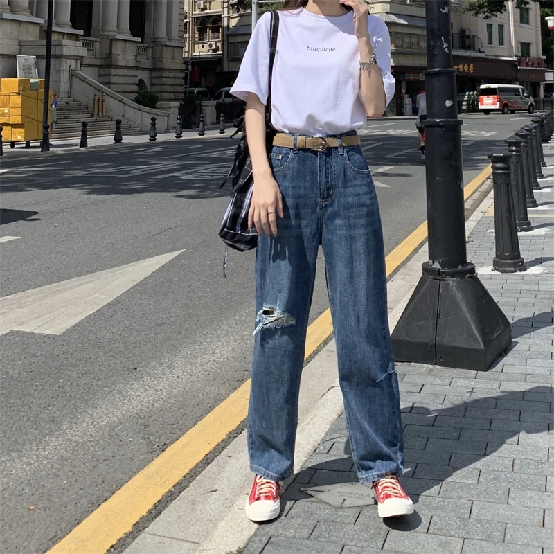 

DD1804 New high waist slim retro straight all-match ripped harem jeans jeans