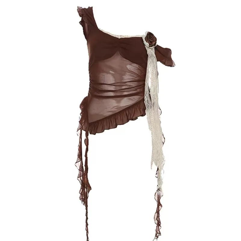 Майка женская сетчатая кружевная Асимметричная с оборками на краях