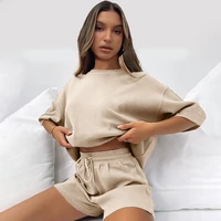 women 2pcs loose clothes set long sleeve crew neck pullover with elastic waist shorts solid outfit female autumn clothing