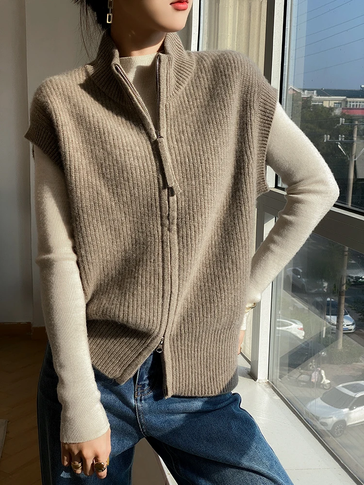 Осень-зима 2024 новая водолазка кардиган из чистой шерсти женский свободный жилет