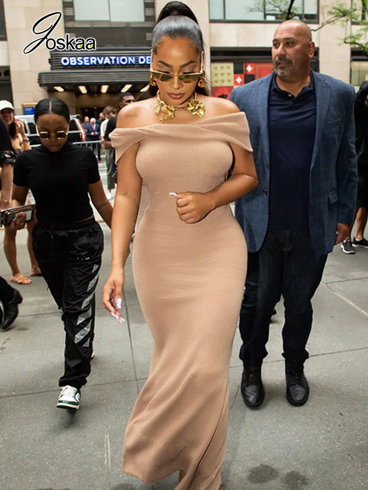 

Joskaa Ribbed Solid Off Shoulder Maxi Dresses Women Sexy Backless Split Bodycon Dress Autumn Winter 2022 Elegant Party Clubwear